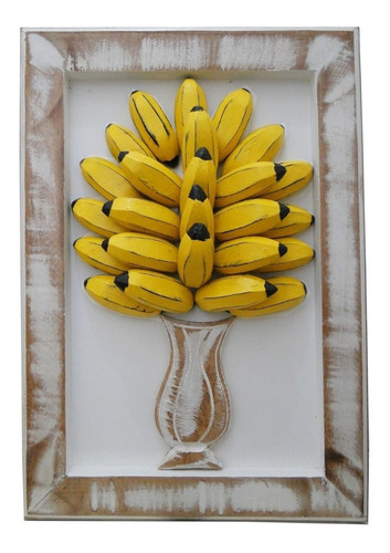 Quadro Rústico Madeira Vaso Bananas Relevo Tamanho Natural