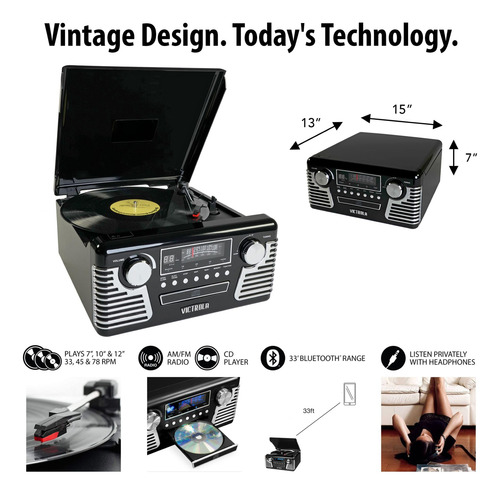 Victrola Tornamesa Bluetooth Para Cd Y Radio, Estilo Retro