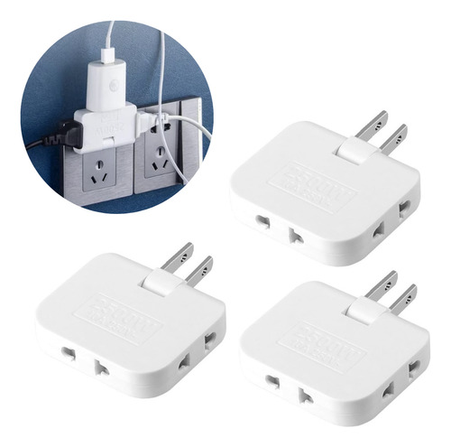 3 Adaptador Enchufe Multiple 10a 180 Grados Plano Universal
