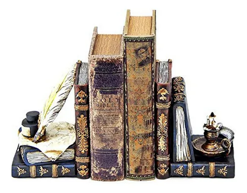 Bookends Vintage Wizard Feather Quill Pen & Ink Bottle Decor