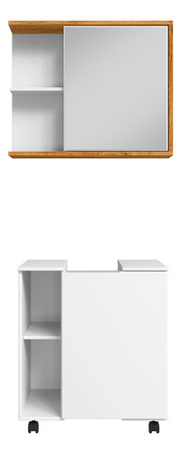 Armário Para Banheiro Kit Completo Gabinete Para Pia De Coluna Com Rodízios Pequin E Armario Espelheira Ravena Cor Branco Ipê