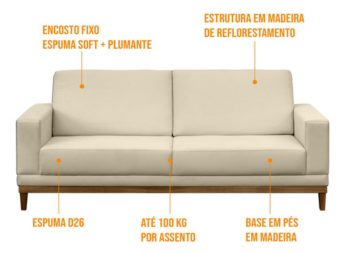 Sofá 200cm 3 Lugares Kayrós D05 Suede Bege - Mpozenato Cor Creme