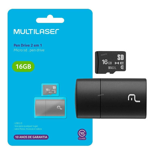 Imagem 1 de 5 de Cartão De Memória 16gb Multilaser 2x1 Classe 10 Usb Mc162