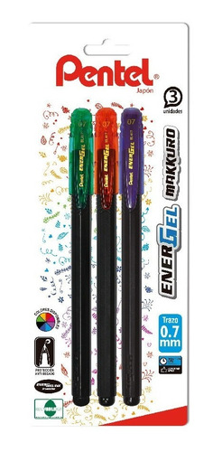 Set 3 Lápices Gel Pentel Energel Makkuro 0,7 Mm Fancy