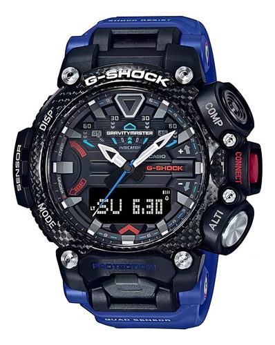 Reloj Casio G-shock Gravitymaster GR-B200-1A2DR Senso con correa cuádruple, color azul bisel, color gris oscuro, fondo gris oscuro
