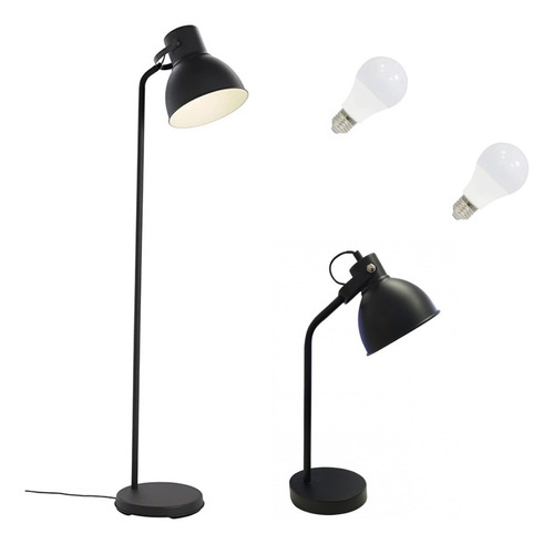 Lampara De Mesa + Lampara De Pie + 2 Lamparas Led 5w- Unilux Negro Luz Fría