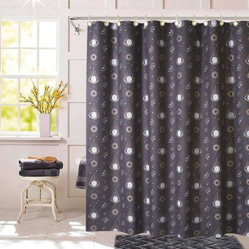 Caño Curvo De Ducha + Cortina De Baño + Alfombra + Ganchos Negro Ojo Turco