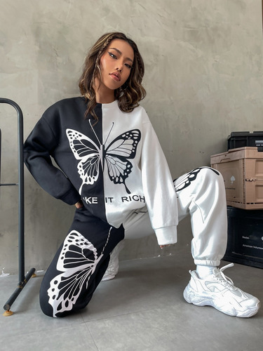 Pantalones Deportivos Con Pullover Con Estampado De Mariposa