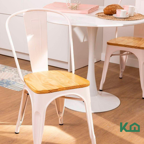 Set De 2 Sillas Tolix Estructura De Acero Asiento De Madera Vintage Exterior Color Blanco KingsHouse