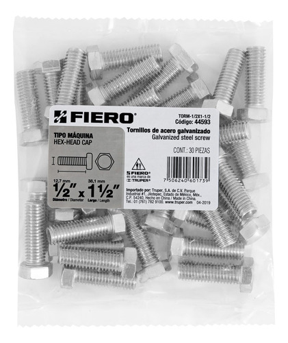 Bolsa De 30 Tornillos 1/2''x1-1/2'' Tipo Máquina Fiero 44593