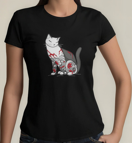 Blusa Playera Mujer Talla Extra Gato Blanco Con Flores Rojas