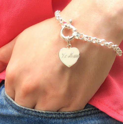 Pulsera Rolo Plata 925 Con Dije De Plata Grabado