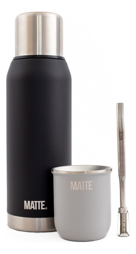 Set Termo Matte Black 1l + Mate Steel + Bombilla 