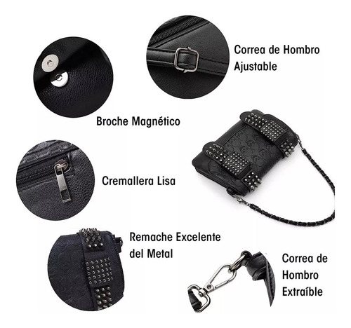 Bolso Bandolera Con Remaches De Calavera Punk, Mujer, Cadena Color Negro