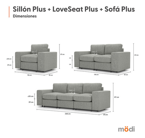 Juego De Sala Modular Moderna Plus 3-2-1 | Funda Removible | Gris Claro