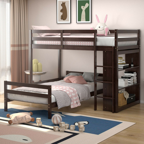 Base Cama Tipo Litera Con Estantes Gpl Marron Oscuro