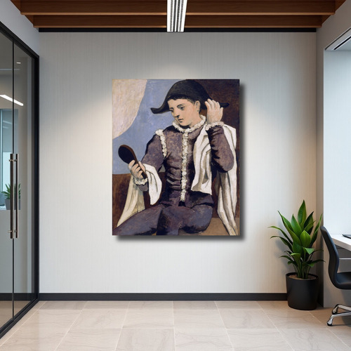 Cuadro Decorativo Obra Pablo Picasso En Canvas Ultra Violeta Arlequín Con Espejo 90x75cm