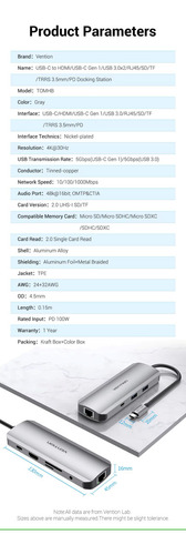 Hub Usb Multipuerto Vention TOMHB - 9 En 1 - Usb C A Hdmi + Rj45 + 2 Puertos Usb 3.0