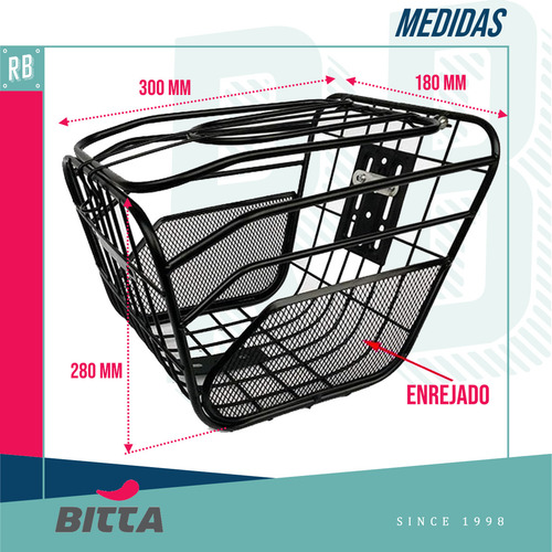 Canasto Delantero Bitta Para Bicicleta Eléctrica o Paseo – Cesto Reforzado de Malla Metálica Negra – Soporte Resistente, Ideal para e-Bikes, Cómodo y Seguro para Cargas Ligeras o Bolsos