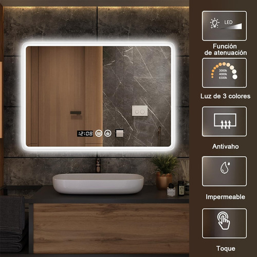 Espejo Led Para Baño 80x60cm Touch 3 Modo Con Función Antiva
