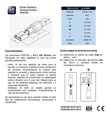 Terminal Macho Y Hembra Faston 22-16 Awg 250 100 Pares Am-e