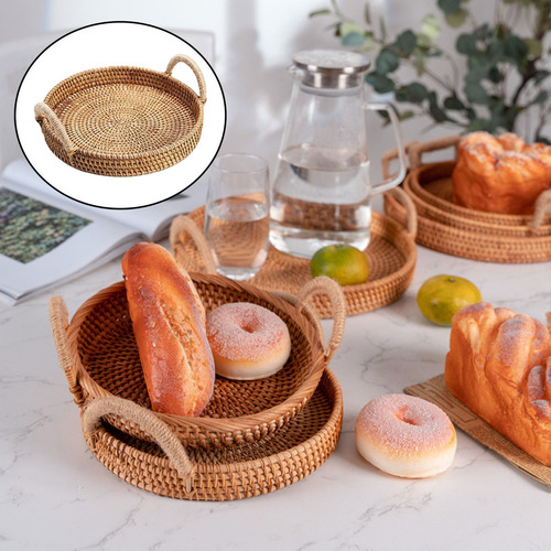 Cesta De Mimbre Hecha A Mano Con Asas De Madera Bandeja