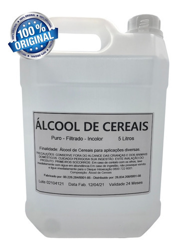 Álcool De Cereais Hidratado Com Analise Puro 5 Litros Fragrância Cereais - Neutro