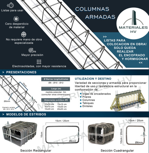 Columnas Armadas X 3 Mts - Hierro 10mm - Estribos 6mm 10x10