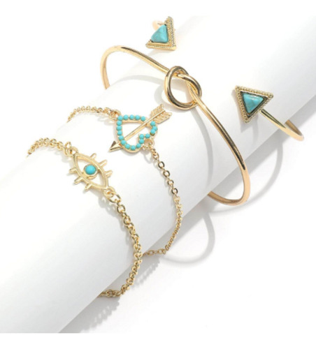 4 Pulseras Con Corazón De Strass Y Triángulos De Shein Dorado 7 Cm