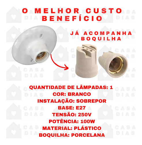 Kit 5 Plafon Simples Suporte Teto Parede + 5 Lampada Led 9w