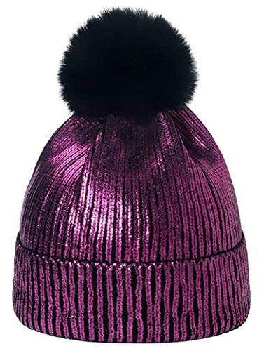 Gorro De Punto Metálico Con Pompón De Piel Desmontable