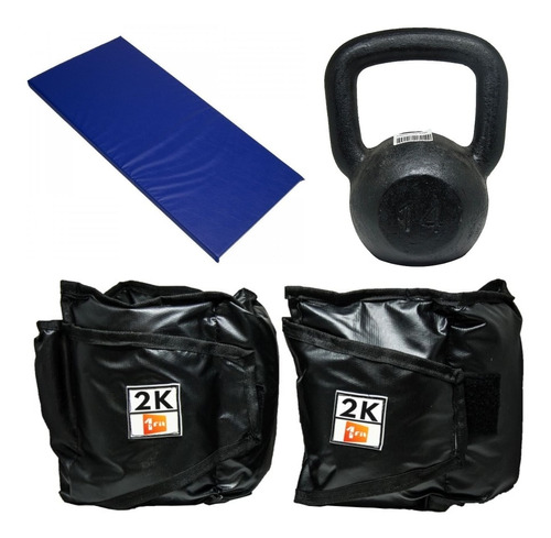 Kit Colchonete Azul+caneleira 2kg+kettlebell Pintado 14kg