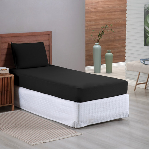Jogo De Cama Solteiro Lençol 02 Pçs C/ Elástico Malha 100% Algodão Fio 30/1 Penteado Preto