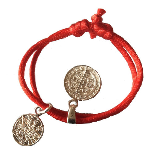 Pulsera Roja Dije Medalla San Benito Y Tetragramaton Plata