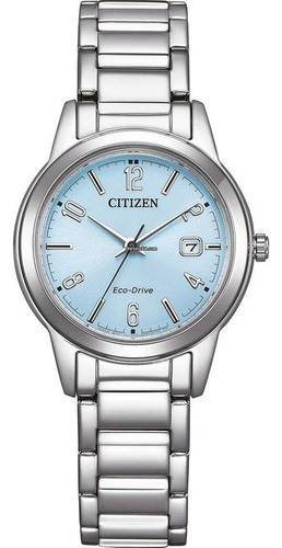 Reloj Citizen Fe124171l Para Mujer Eco Drive Analogico Malla Plateado Bisel Plateado Fondo Celeste