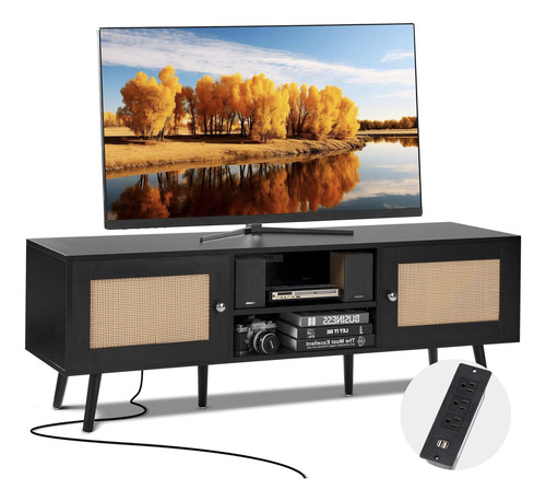 Mueble De Tv Ratán 65 PuLG Toma De Corriente Color Negro