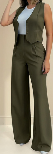 Traje Casual De Chaleco Y Pantalón Ancho,2 Piezas Para Mujer