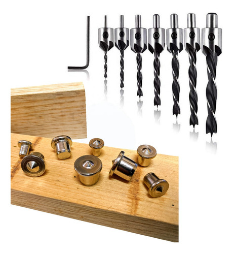 Kit De 7 Brocas + 8 Tapones Centradores Para Tarugos Madera