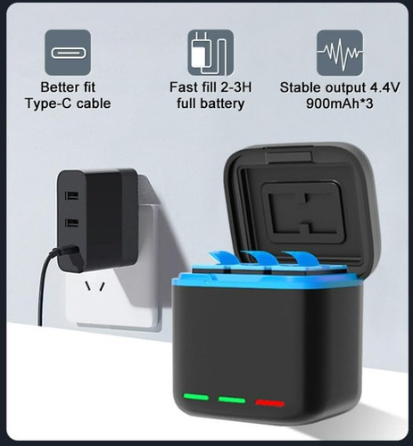 3 Baterías 2000mah + Cargador Para Gopro Hero 9 10 11 12