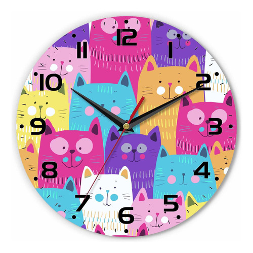 Reloj De Pared Con Diseno De Gatos Lindos, Colorido Reloj De