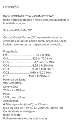 Rádio Motobras Rm-pft73ac 7 Faixas