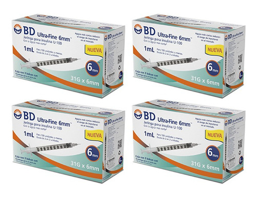 Jeringa De Insulina Bd Ultra-fine 100 Ui 6mm -4 Cajas X 30u Capacidad en volumen 1 mL