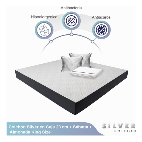 Colchón King Size En Caja 20 Cm + Juego Sábanas Y Almohada Blanco Con Gris