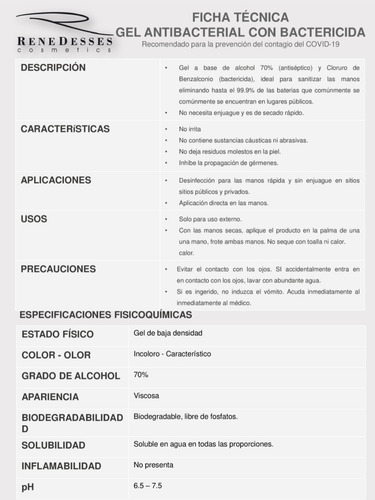 Imagen 2 de 5 de Gel Antibacterial De 200 Cc Rene Desses