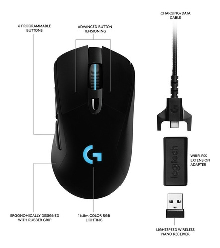 Mouse gamer de juego inalámbrico recargable Logitech G Series Lightspeed G703 negro