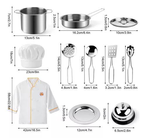 Juboury - Juego de ollas y sartenes de acero inoxidable, utensilios de  cocina, delantal y sombrero de chef, cortar verduras para niños, niñas,  niños