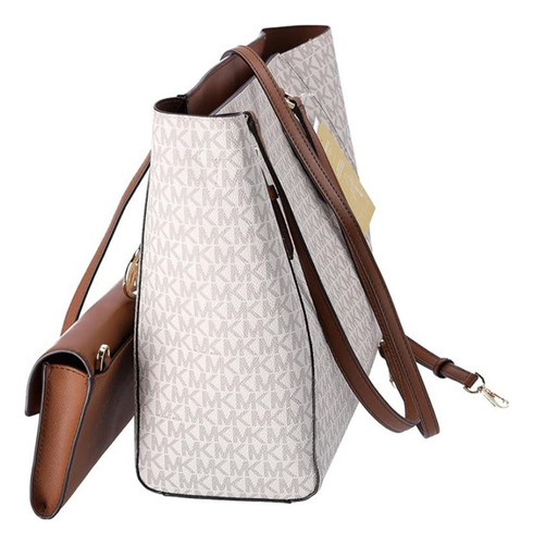 Bolso bandolera Michael Charlotte, 3 x 1, blanco y marrón, con marco de herrajes, color dorado, diseño de tela blanca, liso
