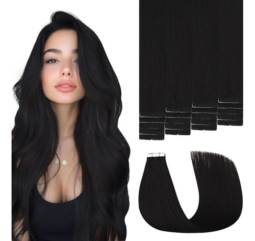 40 Pzs Extensiones De Cabello Base Pu Humano Real 75cm 1b Pu-1b-negro Natural