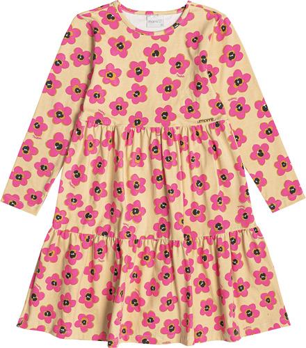 Vestido Momi Infantil Bege Flores Pink Oncinha 10 Ao 12