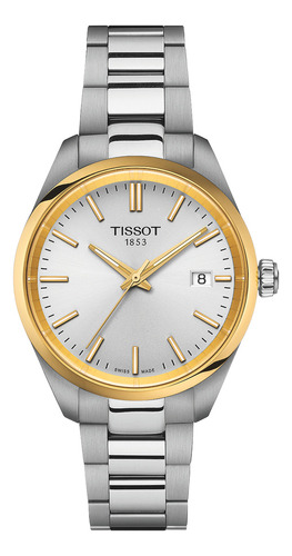 Reloj Mujer Tissot T150.210.21.031.00 Pr 100 Correa Plateado Bisel Dorado Fondo Azul